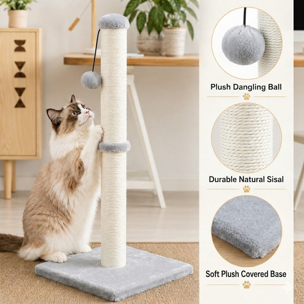 Dimaka Tall Cat Scratching Post Tree Scratcher with Sisal Rope - Grey / 34 inches for Large Cats - image 3