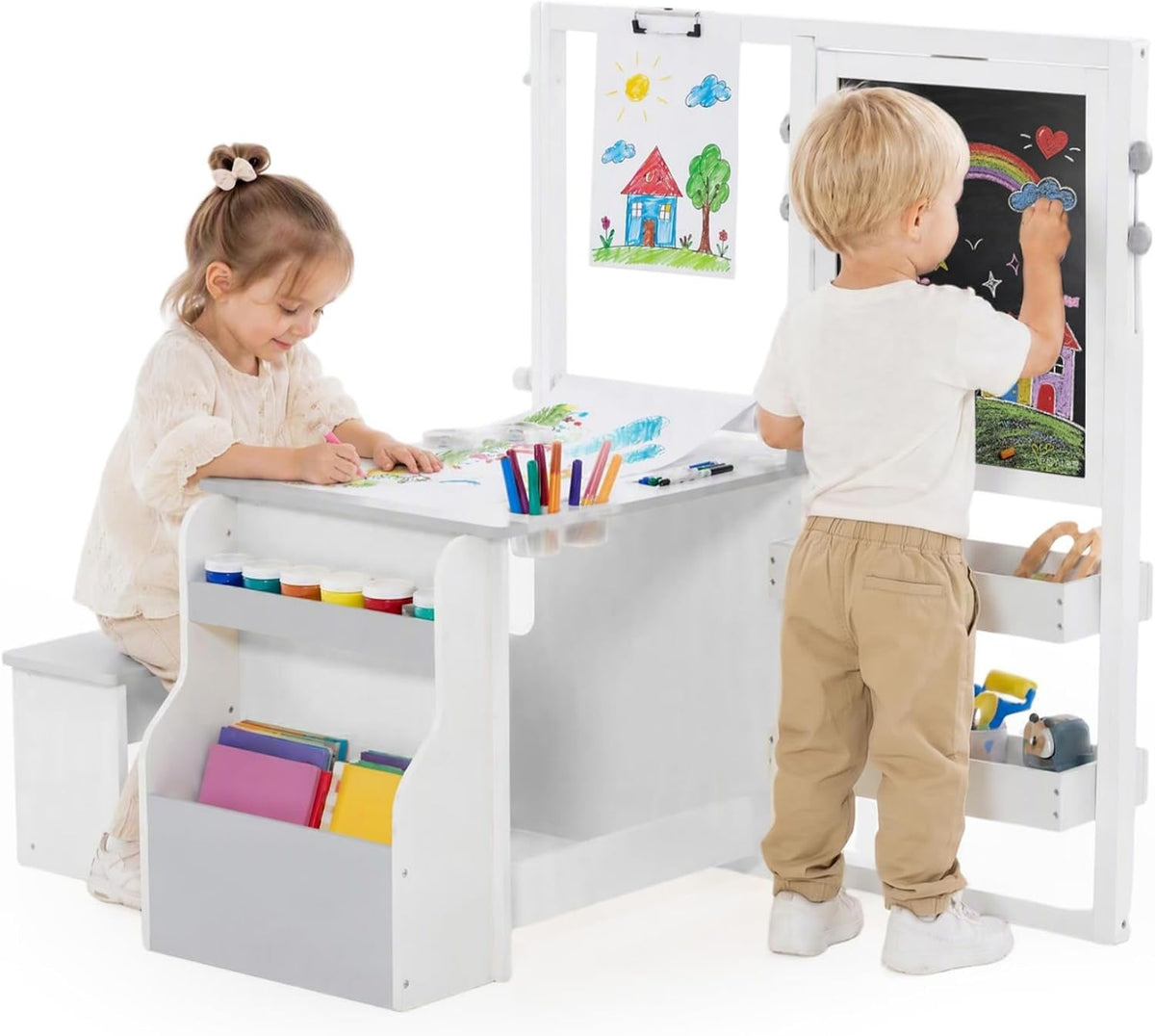 INFANS 3 in 1 kids art table and chair set with double-sided easel and paper roll