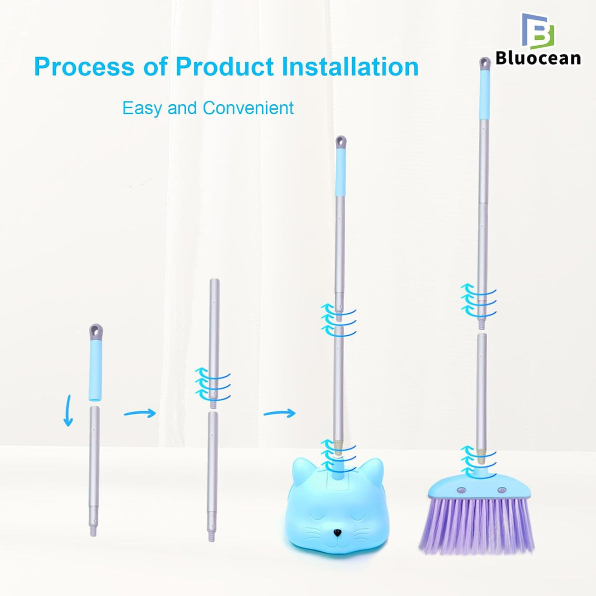 Bluocean 28 inch blue kids mini broom and dustpan with cartoon cats - view 4