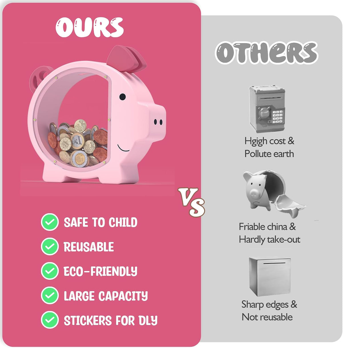 KMC wooden piggy bank for kids with clear acrylic front panel in pink - view 9
