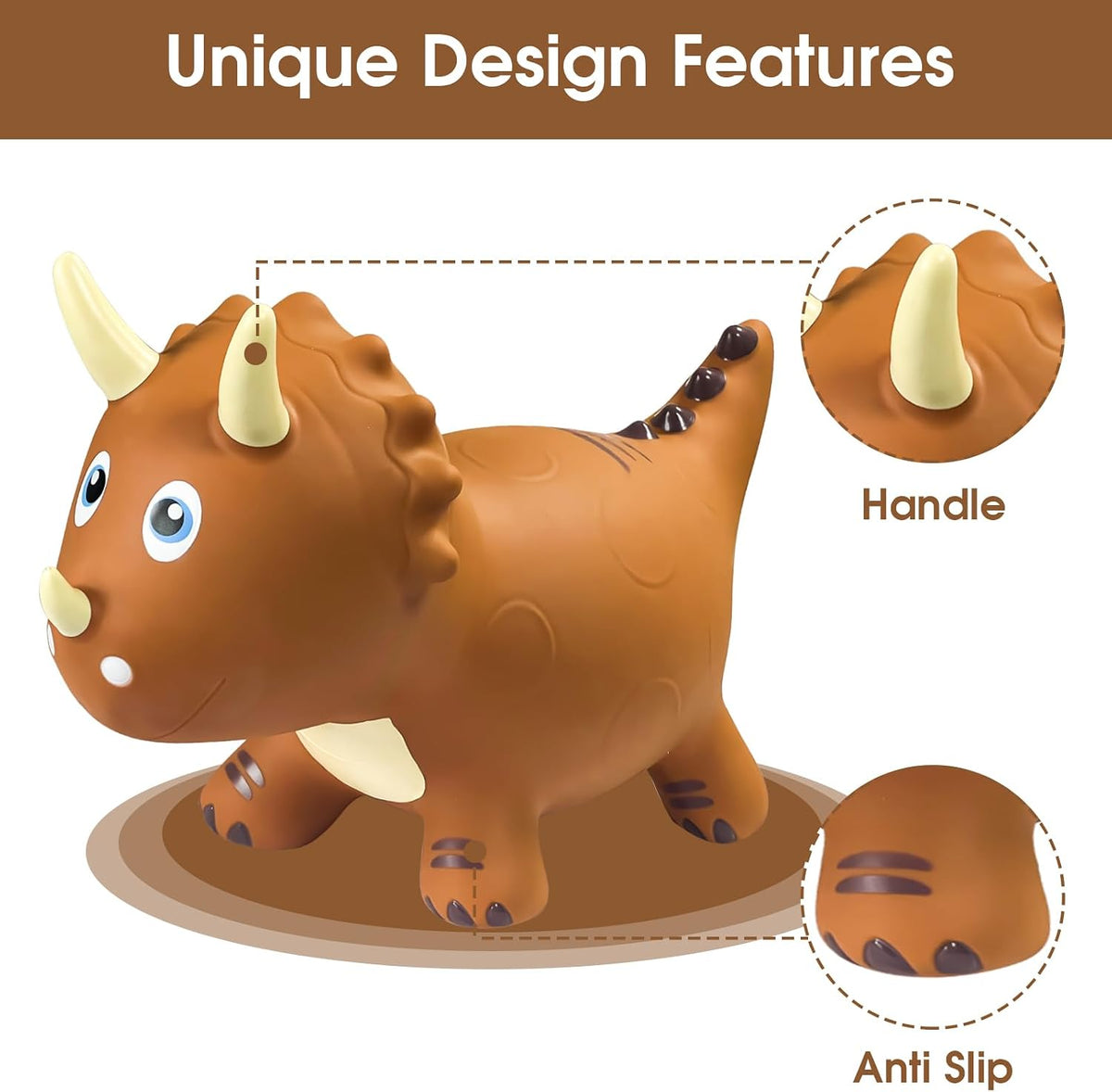 HotMax Bouncy Horse, Dinosaur Hopper Toys for Kids - Brown Triceratops