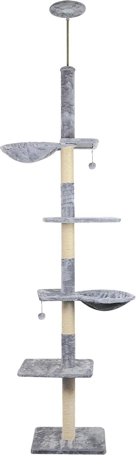 Adjustable 93"-116" Tall Cat Climbing Tree 5-Tier Kitty Activity - Tall / Grey 1