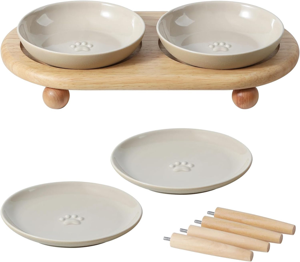 Elevated Cat Bowls, Cat Food and Water Bowl Set - Vintage Latte / 2 Bowls+2 Dishes