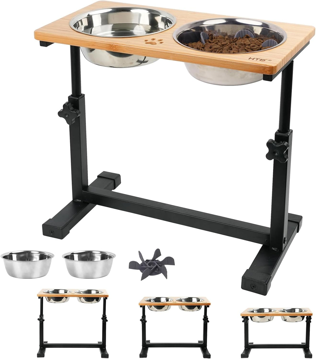 HTB Elevated Dog Bowls, Adjustable Pet Bowl Stand - Metal&Bamboo-11.2" to 16"H
