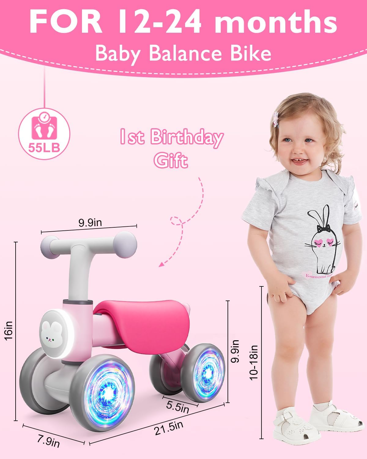 Balance Bike Toddler Outdoor Toys for 1 2 Year Old Girl Birthday Gifts – Fun for Kids & Family - Pink - image 4