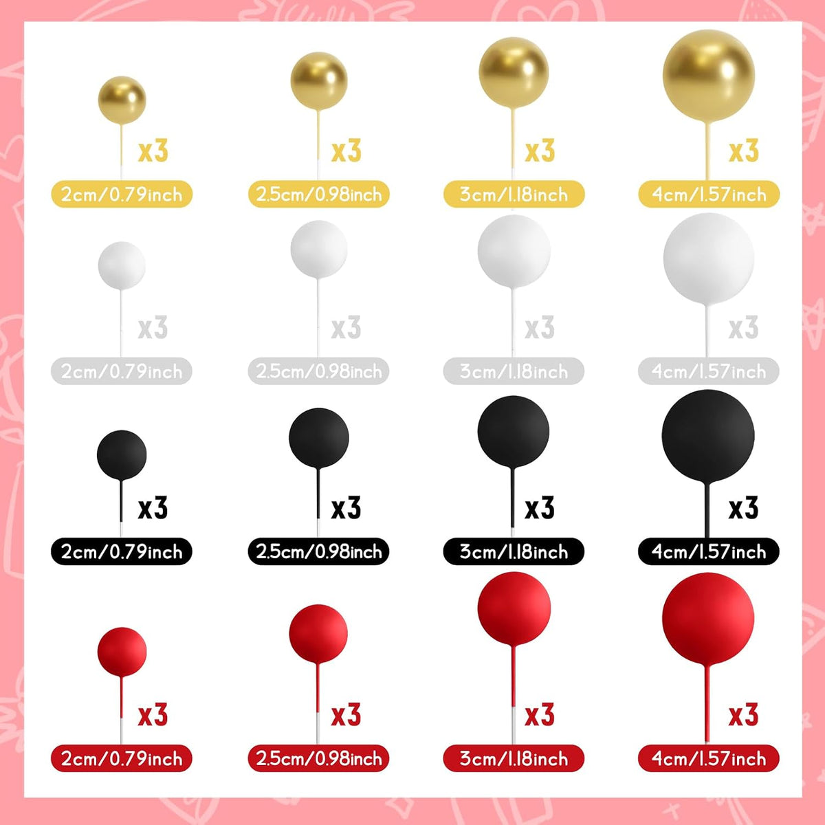 48 Pcs Balls Cake Topper Decorations Balloon Cupcake Toppers Foam - A06-black, Red, White, Gold - image 2