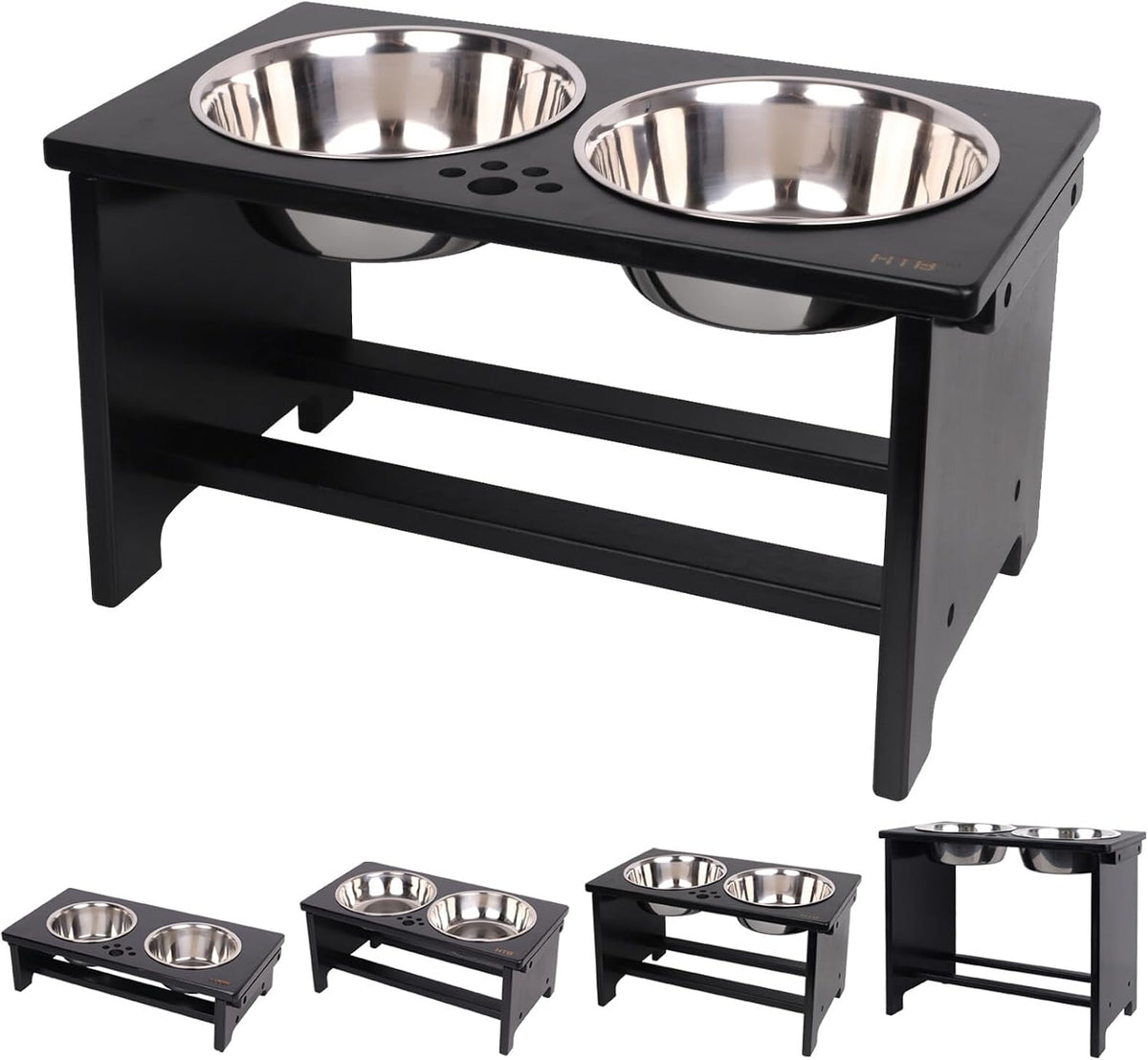 HTB Elevated Dog Bowls,Raised Dog Bowl Stand with 2 Stainless Steel Bowls,Elevated Raised Dog Bowls - large-10"tall,48 Oz bowl / Black