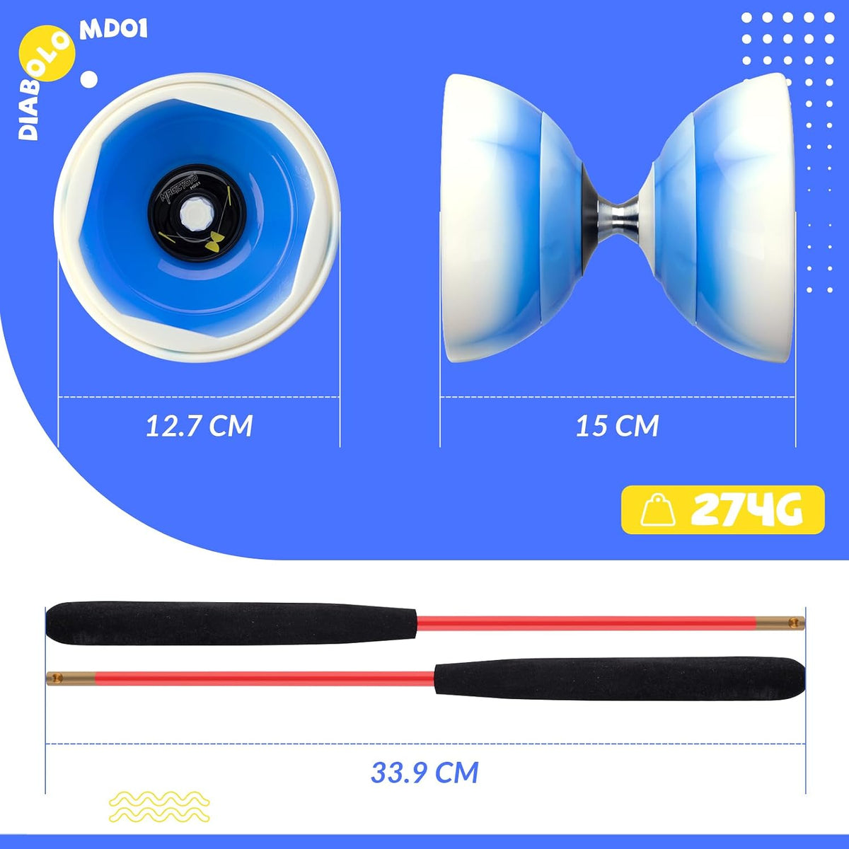 CHEE MONG MD01 triple bearing Chinese yoyo diabolo in blue and white with carbon sticks - view 5