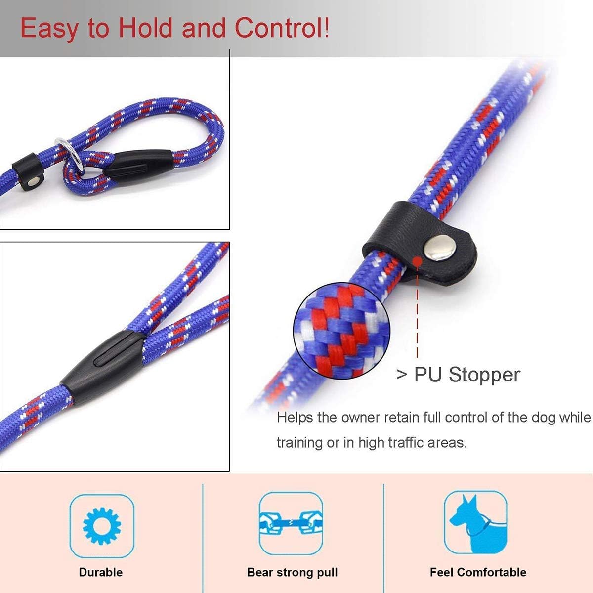 Dog Rope Leash, Dog Training Leash for 10-80 lb - Blue - image 3