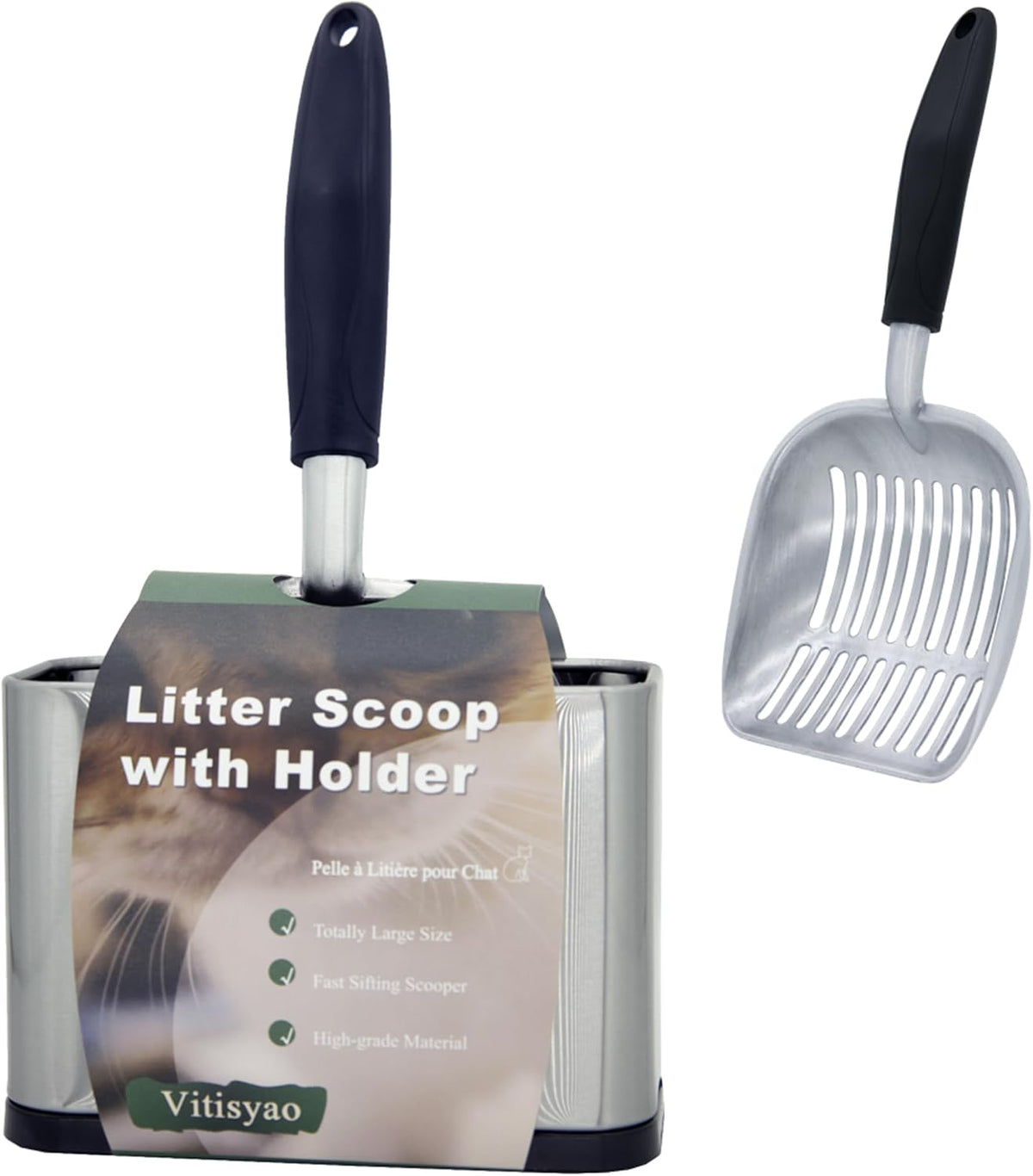 Full Metal Cat Litter Scoop with Holder - Gray