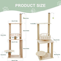 Wood Cat Tree 17” x 16”x 53” Modern Sturdy Cat Tower with Double Condos Hand-Woven Beds & Toys Multilevel Huge Paws Pals Tree Indoor Cat Furniture for Big Cats