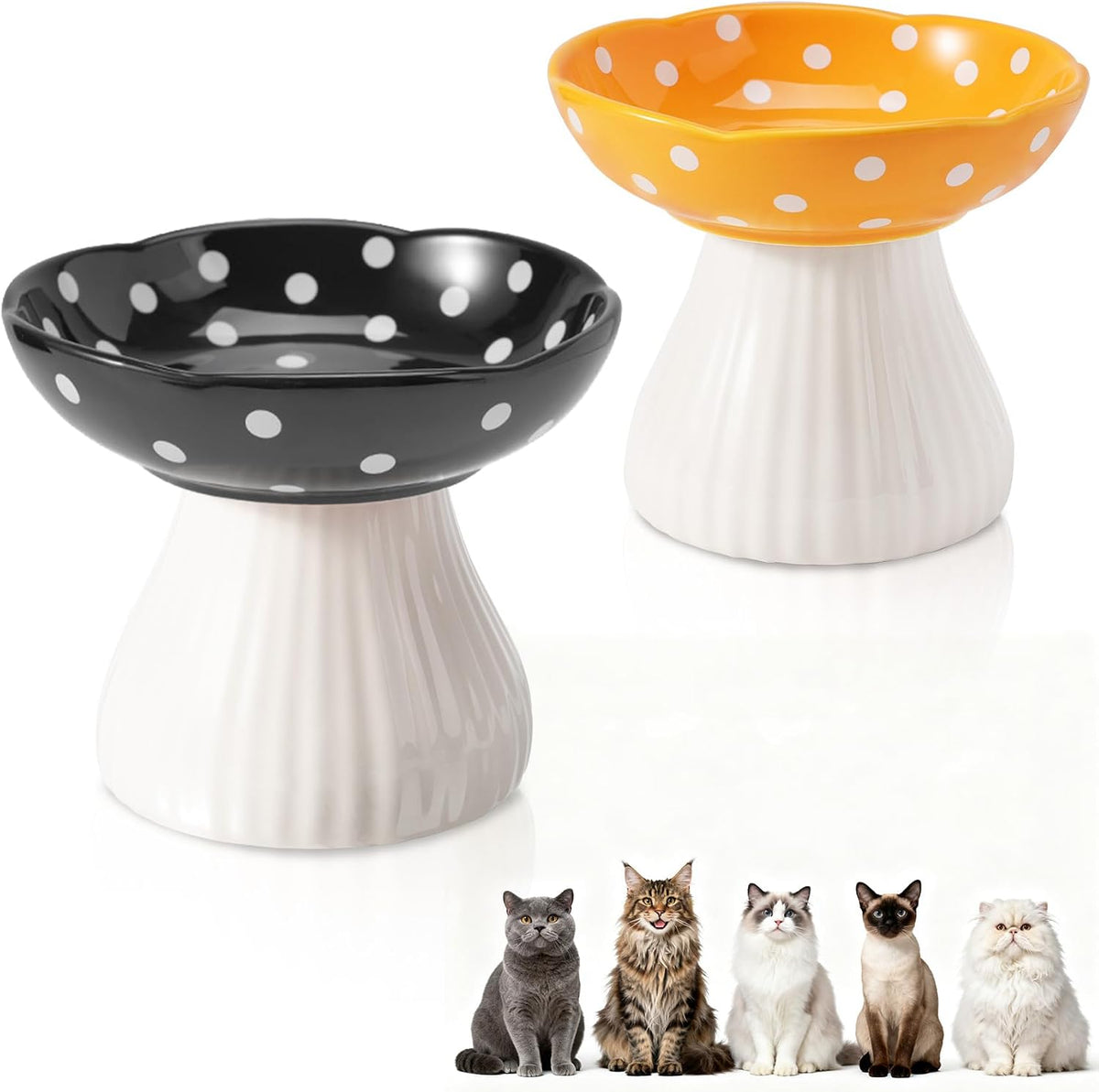 Mushroom Cat Bowl, Whisker Fatigue Cat Bowl, Cute Cat Bowls - Black+Yellow