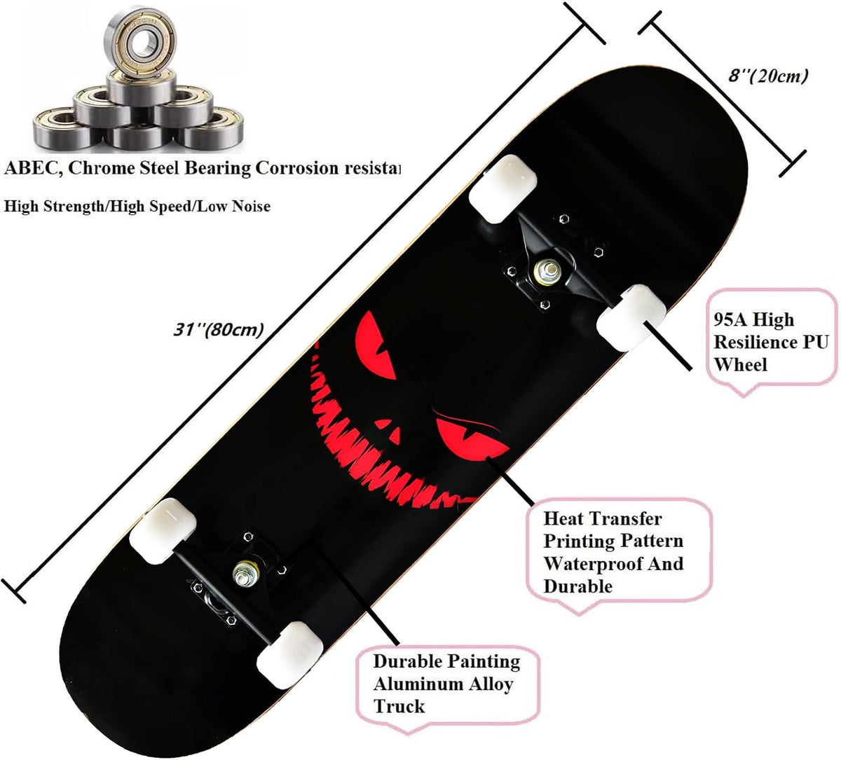 Skateboards for Beginners Kids Boys Girls and Adults, 31''x8'' - Scary Smile - image 3