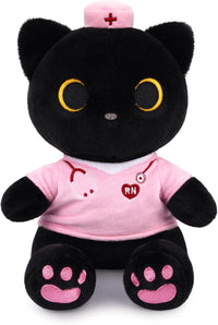 MUFEIRUO Halloween black cat plush holding pumpkin bag, wearing orange witch hat