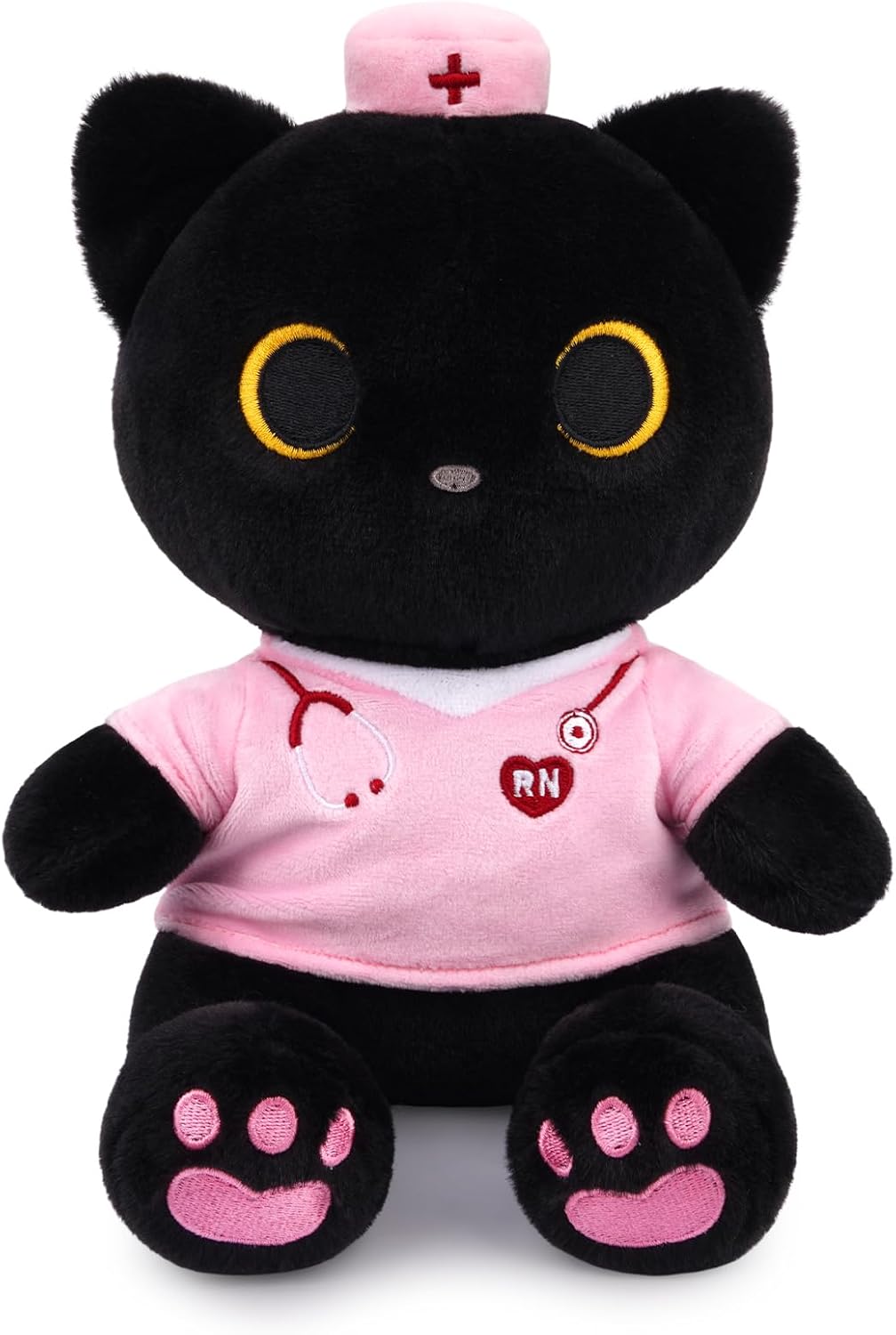 MUFEIRUO Halloween black cat plush holding pumpkin bag, wearing orange witch hat