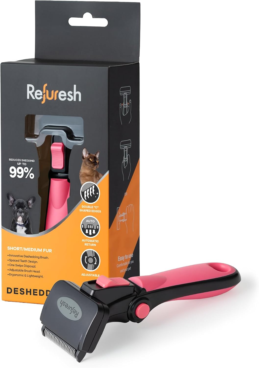Deshedding Brush for Short/Medium-Hair Dogs & Cats - pink / Small