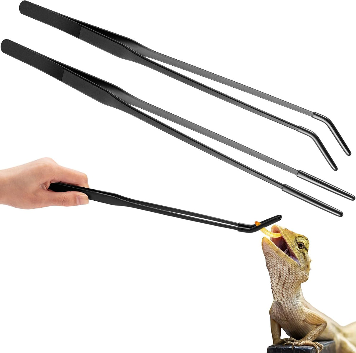 Lasnten 2 Pcs Reptile Feeding Tongs, Long - Black / 15 Inch