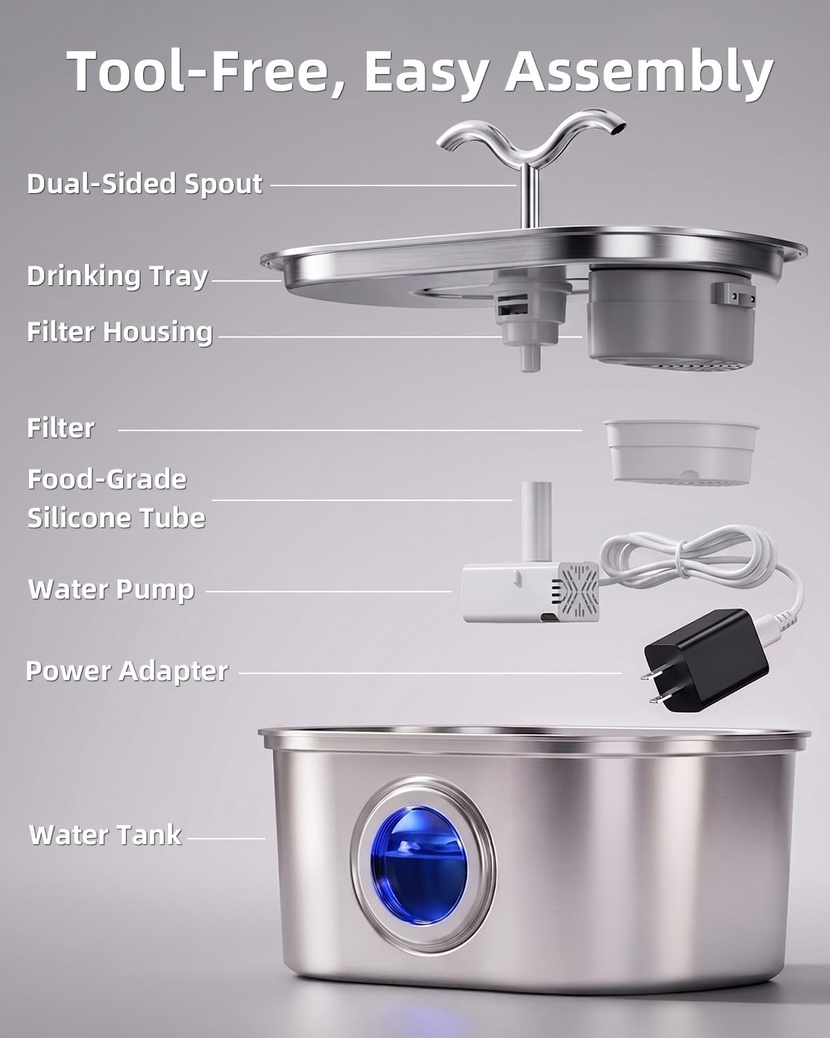 3.2L/108oz Stainless Steel Cat Water Fountain Pet Fountain – Essentials for Cats - Fountain+3 Filters +3 Sponges - image 4