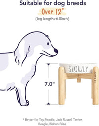 Ceramic Slow Feeder Dog Bowls Elevated for Small and Medium Breed with Wooden Stand, 1.5 Cups Dog Dishes to Slow Down Eating, Anti-Gulping Pet Feeding Dishes,White