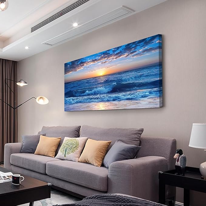 Lapremoly Framed Canvas Wall Art - Large Blue Ocean Beach Wall Painting for Living Room, Bedroom & Office - 24" x 48"