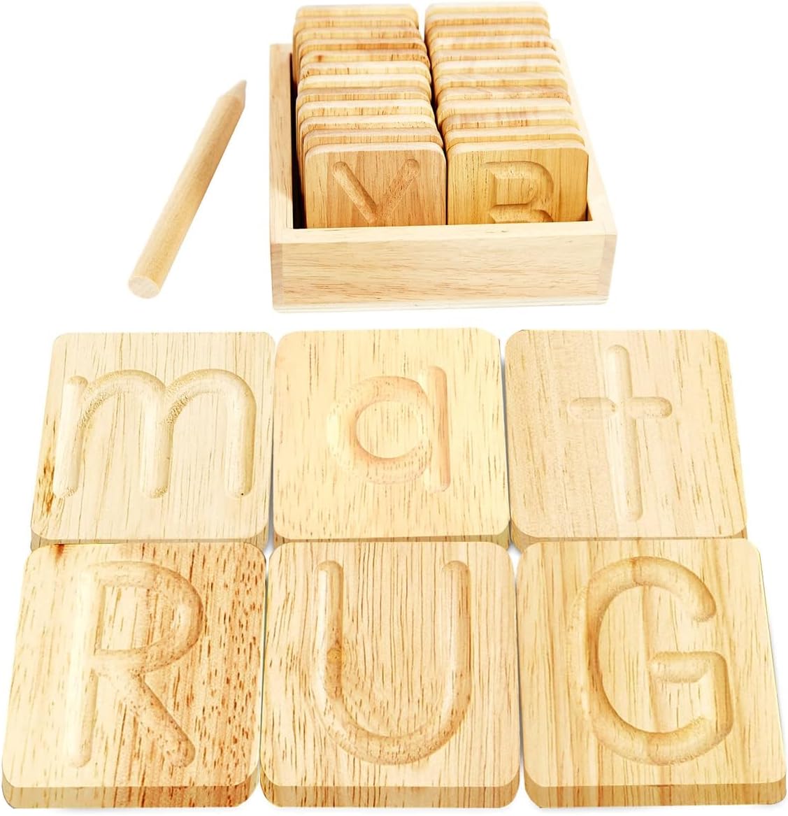 Montessori and Me wooden alphabet tracing boards with tracing letters and wooden stylus