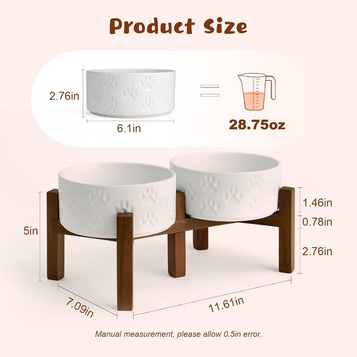 SPUNKYJUNKY Ceramic Dog Bowls with Acacia Wood Stand - 28.74 oz / Dog Paw White - image 2