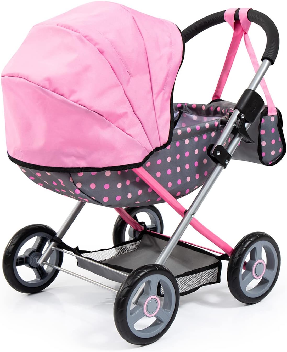 Bayer foldable doll pram carriage in grey and pink fairy polka dot print - view 2
