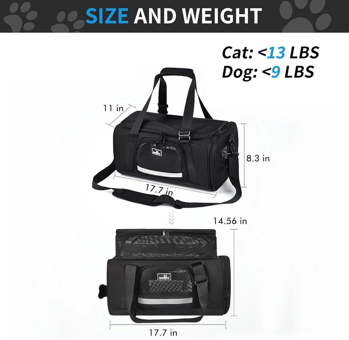 Wakytu TSA & Airline Approved Soft Pet Carrier for Cats/Dogs - 17.7"L x 11.0"W x 8.3"H / 2.0 Black - image 2