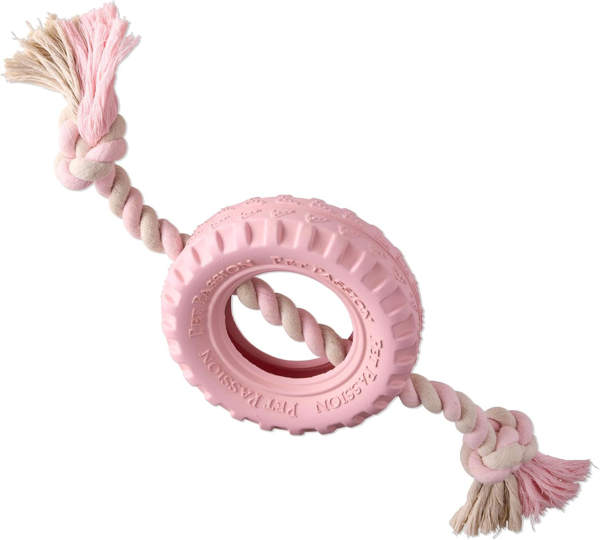 Pet Passion Natural Rubber Tire and Organic Cotton Rope Pull and Chew - Blush / Medium