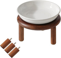 Elevated Cat Bowls, Ceramic Cat Bowl with Bamboo Stand Wide Opening – Essentials for Cats - White / Stripe x1 + Acacia Wood