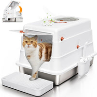 Stainless Steel Cat Litter Box with Lid, XL Large Enclosed - White
