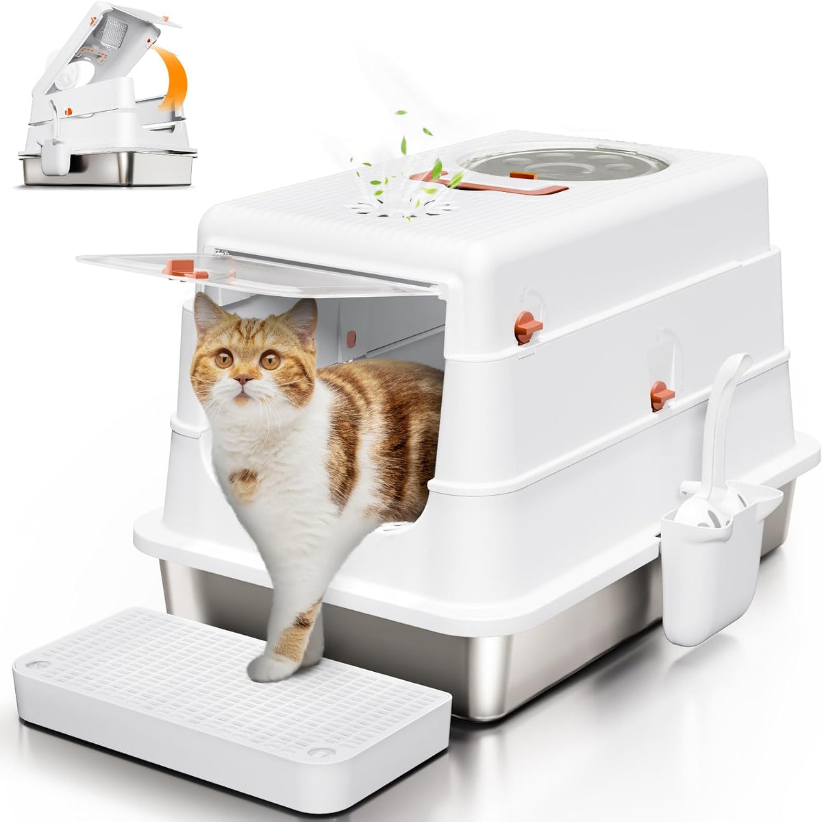 Stainless Steel Cat Litter Box with Lid, XL Large Enclosed - White