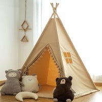 RONGFA cotton canvas kids teepee tent with pompom ball trim, floor mat and star light - view 6