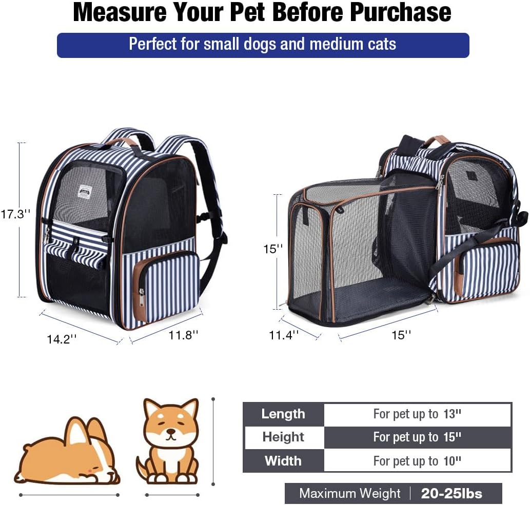 Cat Carrier Backpack, Expandable Pet Carrier with Sun Shade & Full Front Opening, Breathable Mesh - Striped / XL-Mesh Window - image 2
