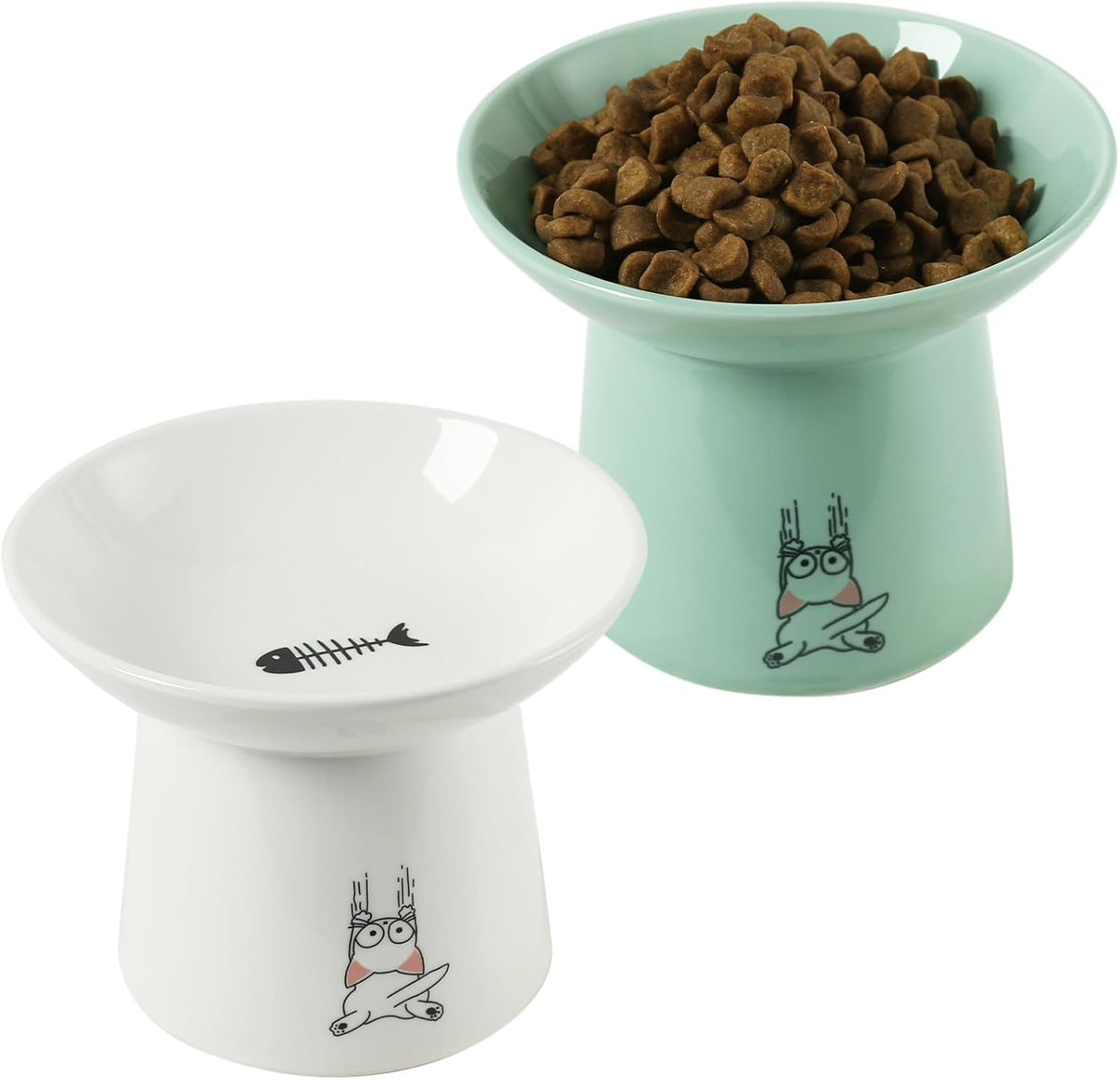 6.5 Inch Extra Wide Ceramic Elevated Cat Bowls - White & Green