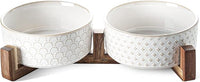 Dog Bowls Ceramic for Small Medium Dogs - 3-Cup Dual Food & Water Bowl Set with Acacia Wood Stand, Non-Slip Anti-Tip Elevated Design