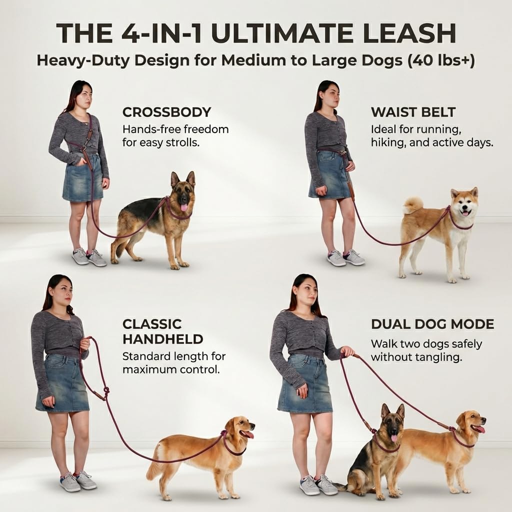 Hands Free Multifunctional Dog Leash for 1 or 2 Dogs - Winery Red - image 3