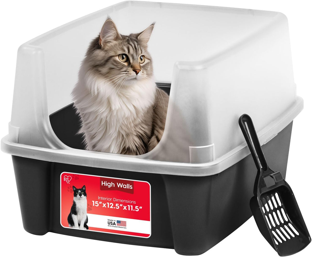 IRIS USA High Sided Cat Litter Box, Scatter Shield - Large / Black