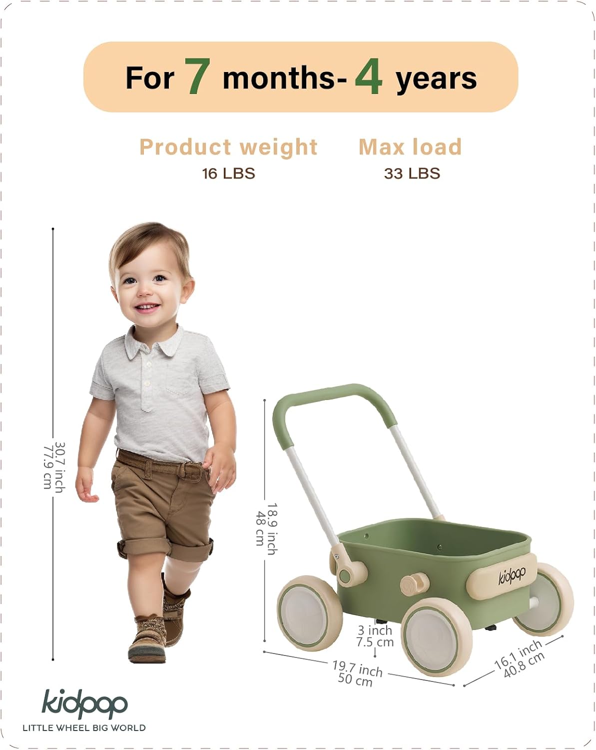 PULA Baby Push Walker with Wheels Toddler Wagon for First Learner - Green - image 2