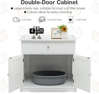 PETSITE Cat Litter Box Enclosure, Large Cat Washroom End Table with Drawer & 2 Doors, Wooden Cat House Storage Cabinet, Hidden Litter Box Furniture, White