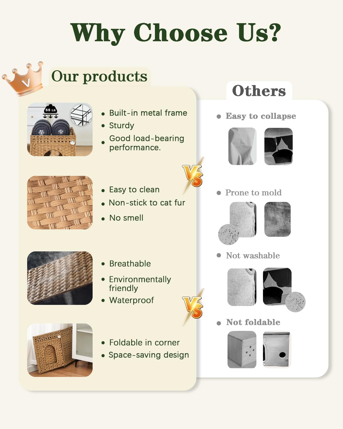Cat Beds Indoor Kitten House, PE Rattan Cat Cave - Natural / Rectangle-XL - image 4