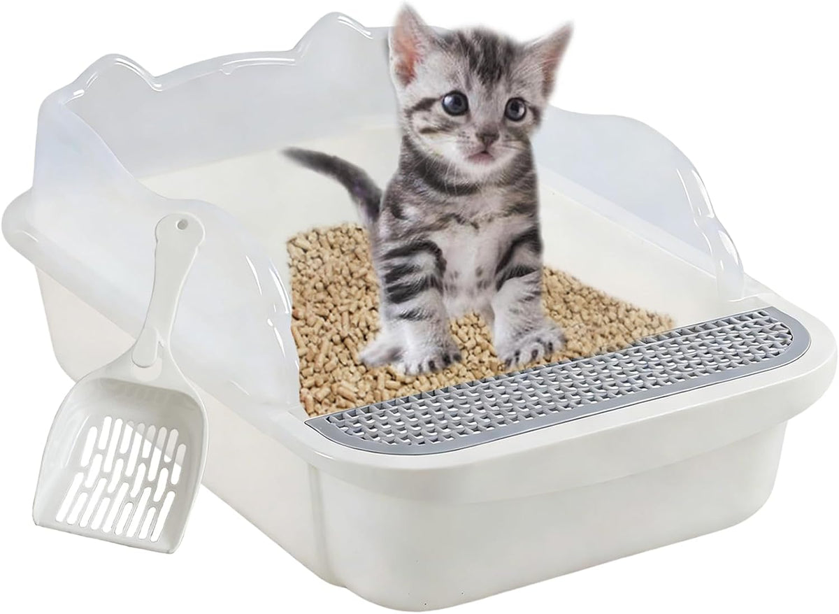 Open Cat Litter Box with High Side - 【Color：White】