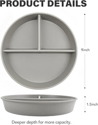 greenandlife 9 Inch 4PCS Divided Plates with Lids, Portion Control Plates for Kids Adults, Dishwasher Microwave Safe Compartment Plate, Unbreakable Lightweight Reusable Wheat Straw Plate, Grey Black
