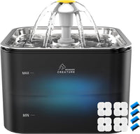 Wonder Creature Crystal Cat Water Fountain Stainless Steel Lid - Black+4 Filters+4 Sponges