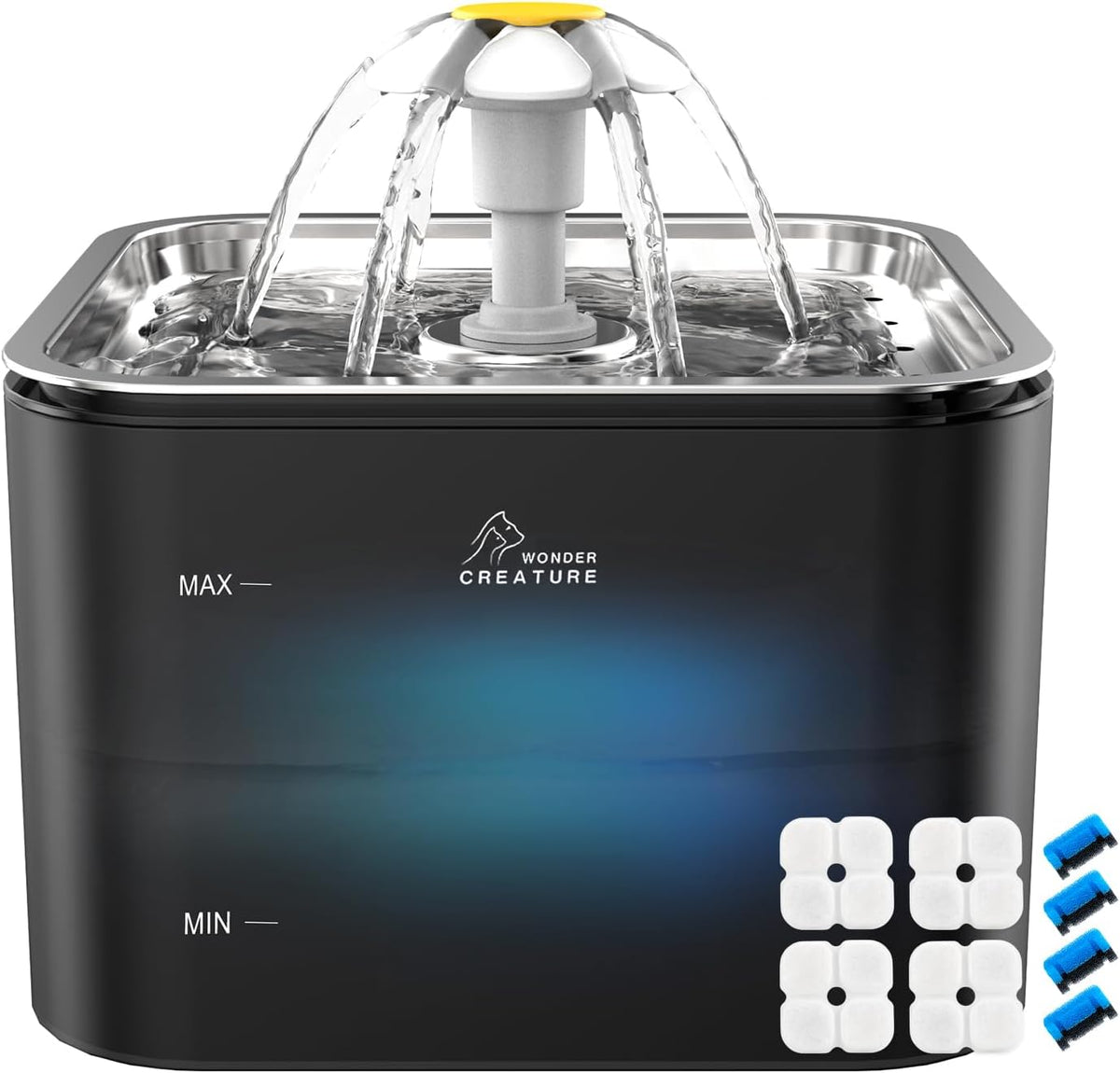 Wonder Creature Crystal Cat Water Fountain Stainless Steel Lid - Black+4 Filters+4 Sponges