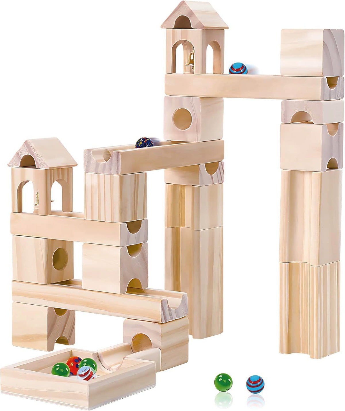 Migargle wooden marble run for kids, 80 piece pine track maze with glass marbles