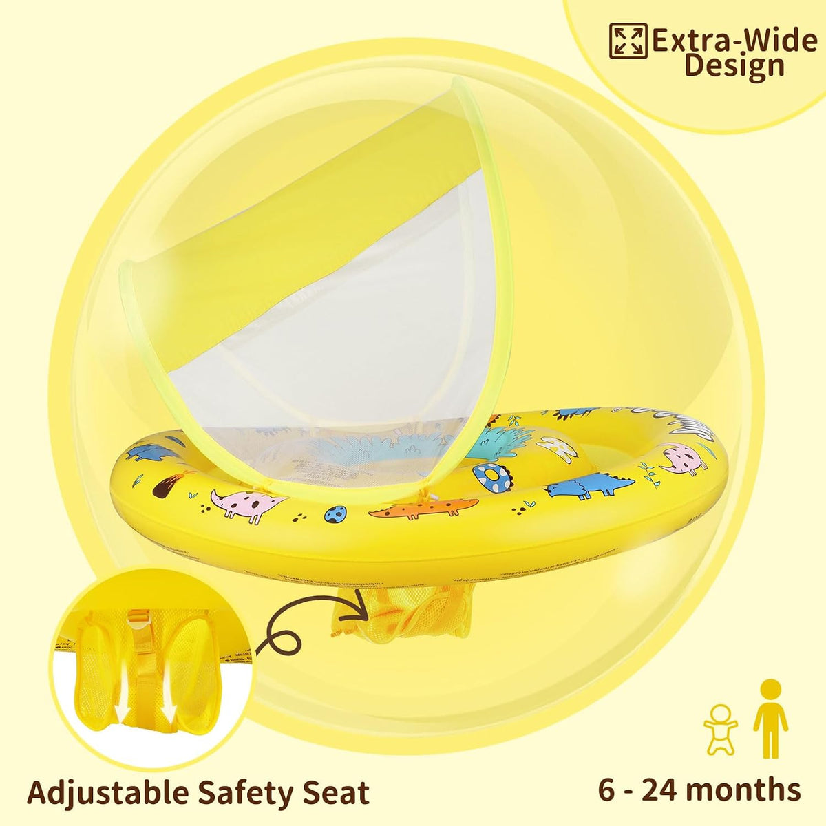 Swimbobo baby pool float with sun canopy and safety seat, Yellow Dinosaur design - view 11