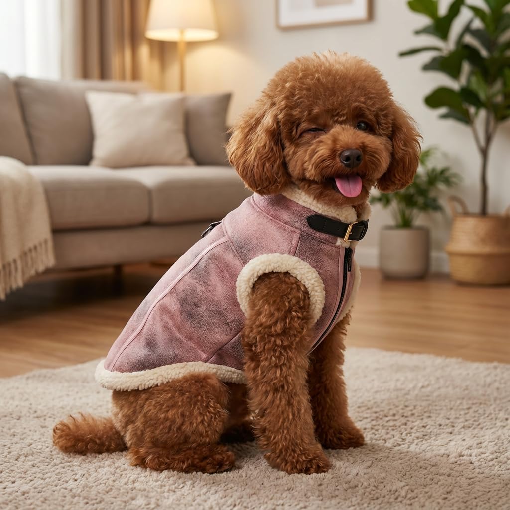 Retro Aviator Dog Jacket – Faux Leather Winter Coat with Plush Sherpa Fleece Lining for Bulldog - Pink / X-Small - image 3
