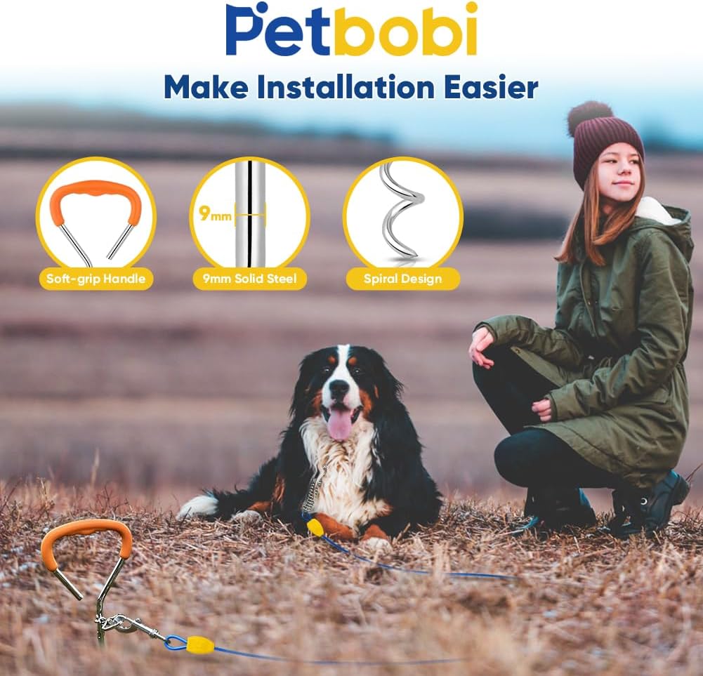 Petbobi Dog Tie Out Cable and Stake - 50 ft (120 lbs) / Blue - image 3