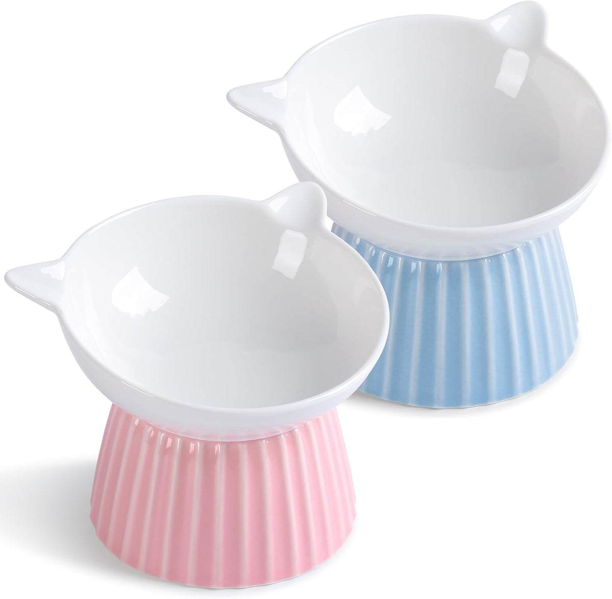 Ceramic Raised Cat Bowl，Tilted Raised Cat Bowl Anti Vomit Cat Bowls - Pink+Blue